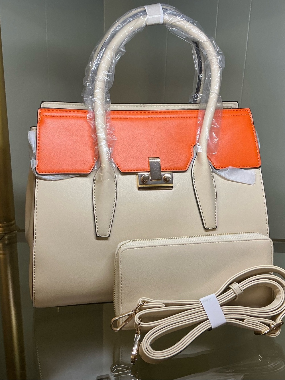 Cream and Orange Structured Top-Handle Satchel with Detachable Strap